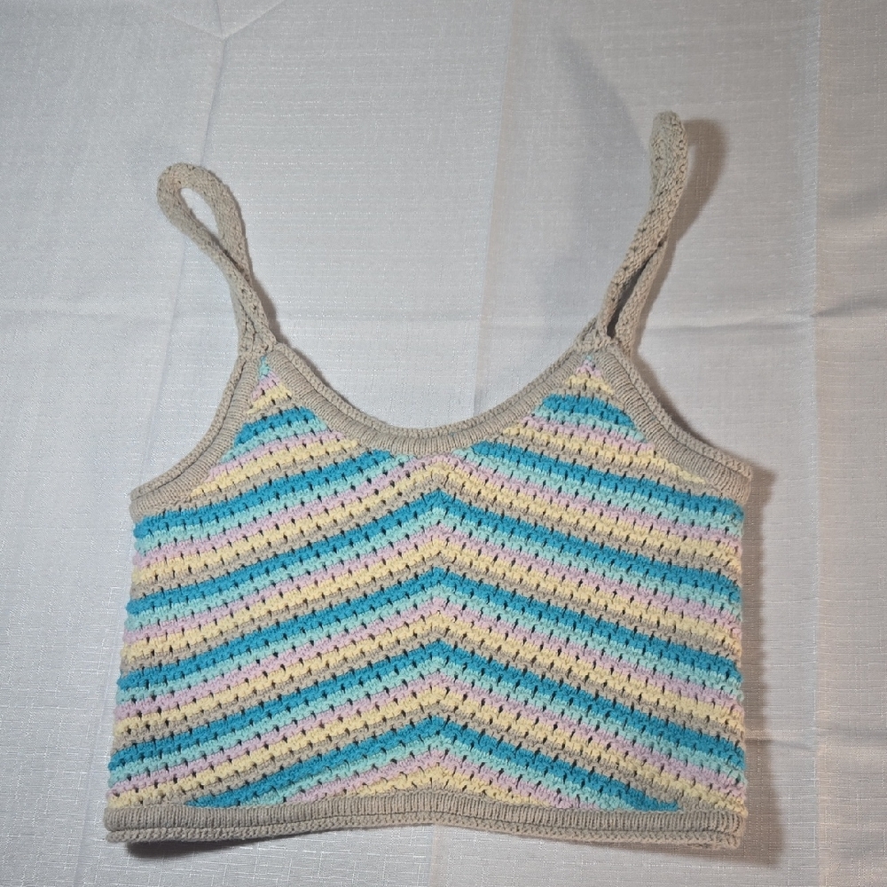 Full Tilt Pastel Striped Crochet Crop Halter Top Womens Medium